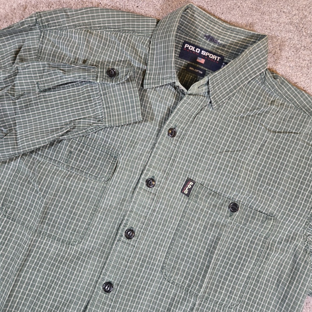 Polo Sport Ralph Lauren Mens Long Sleeve Green Plaid Medium Button Down Vintage